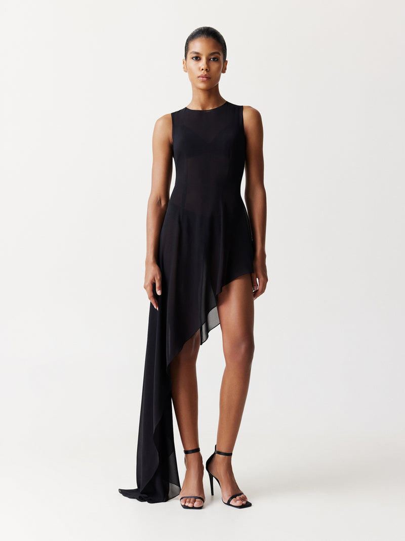 Asymmetric Silk Chiffon Dress in Black