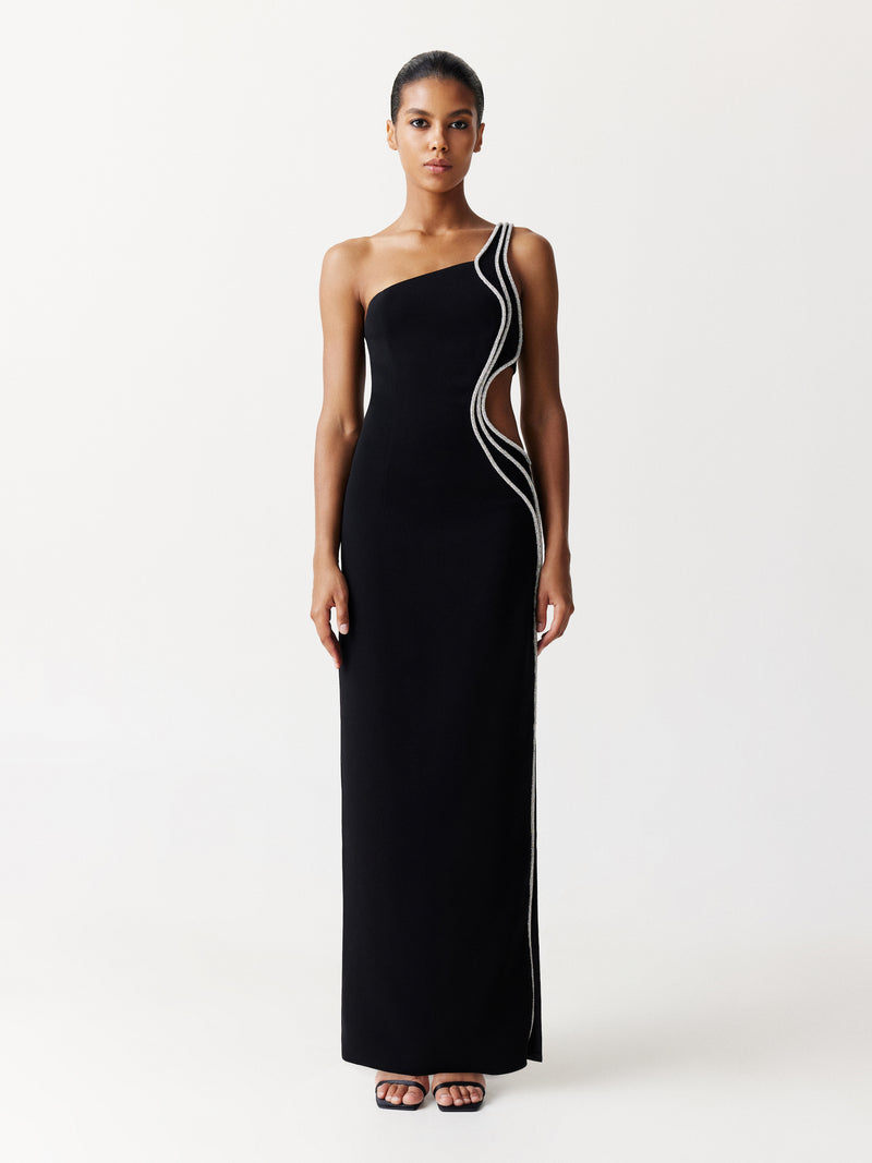 One-Shoulder Cutout Embellished Maxi Dress in Black