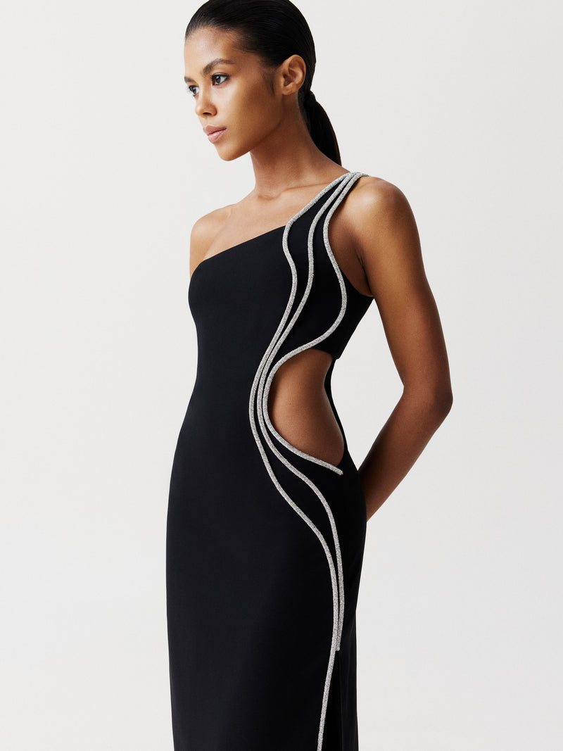 One-Shoulder Cutout Embellished Maxi Dress in Black