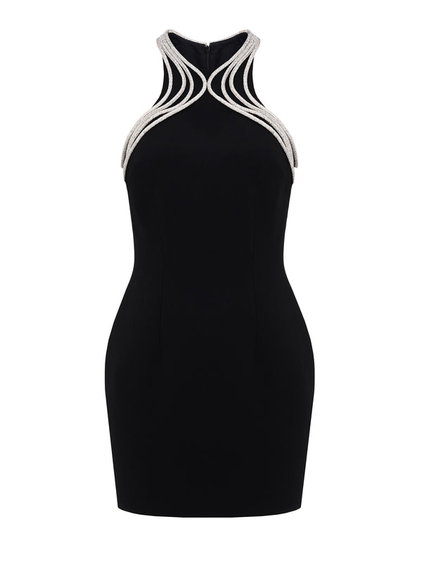 Embellished Halter Mini Dress in Black