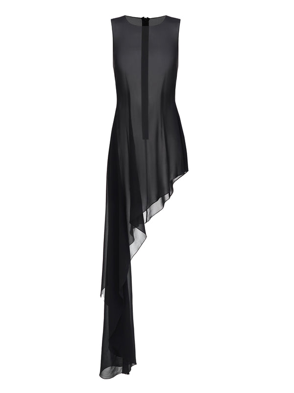 Asymmetric Silk Chiffon Dress in Black